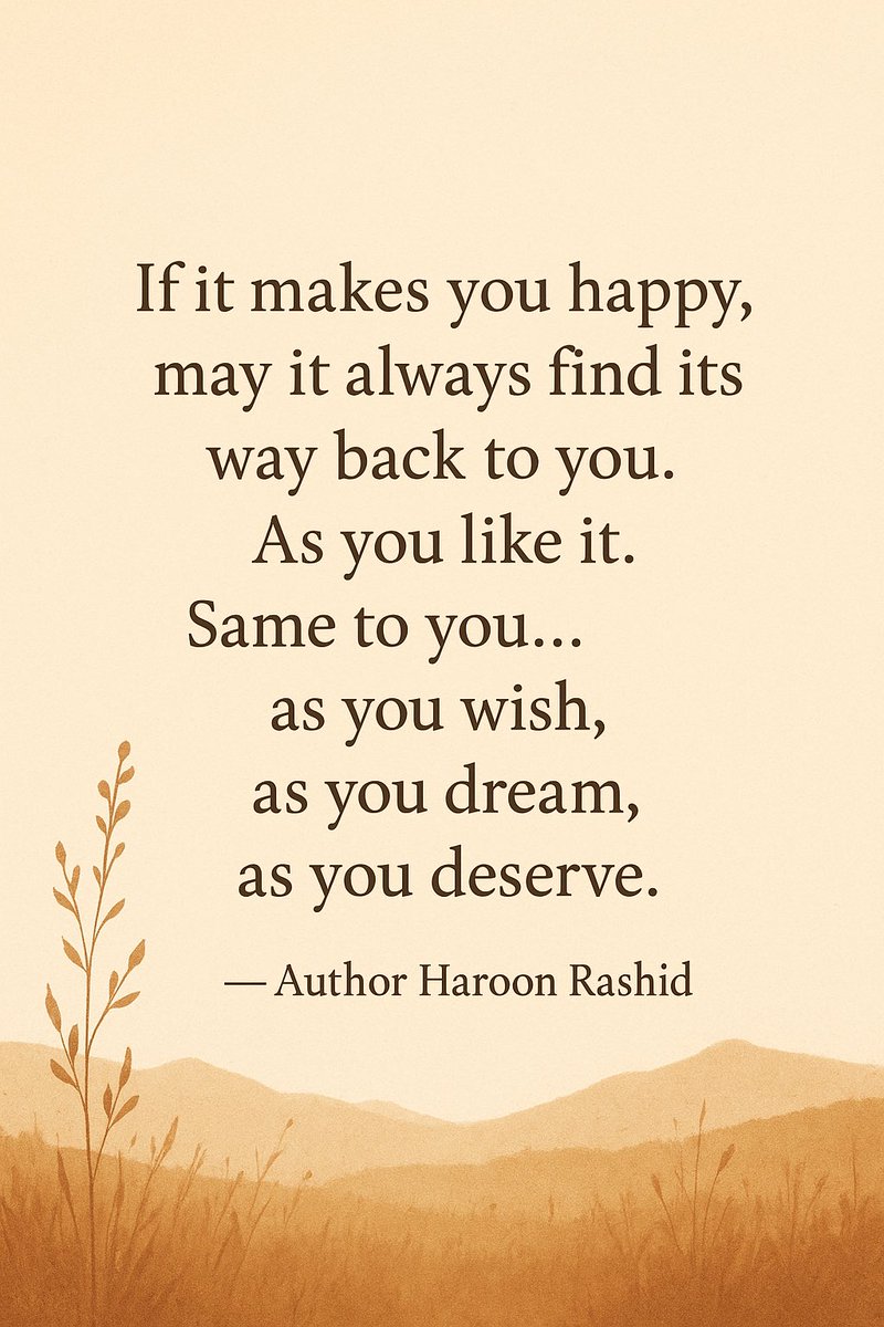 AuthorHaroonR's tweet photo. “If it makes you happy, may it always find its way back to you. As you like it. Same to you.. as you wish, as you dream, as you deserve.”
— Author Haroon Rashid

#AuthorHaroonRashid #Quote https://t.co/wArSq4kLgs