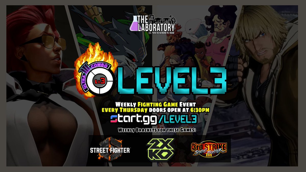 Come out to The Lab tonight for our weekly #FGC event

Brackets for:
#3rdStrike (CPS3 on Vs City Cab w/undamned converters for your own sticks/pads)
#StreetFighter6 
#2XKO 

sign up now!

start.gg/tournament/lev…