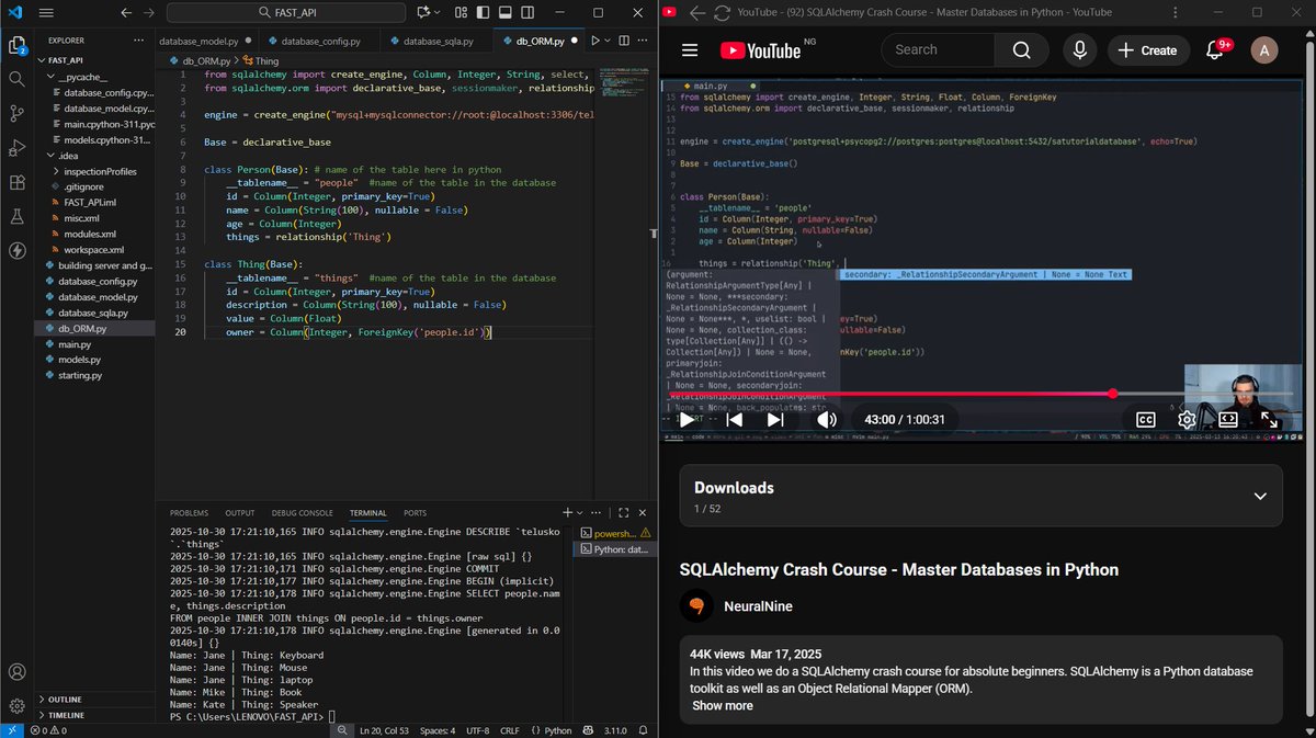 kayode_aki76318's tweet image. Day 24 ☕
Finally wrapping up with SQLAlchemy ORM today 😌
It took some effort, but it feels good seeing how Python and databases work together.
Slowly, steadily, we’re building something great 💻💫
#MyTechJourney #PythonDev #SQLAlchemy #KeepLearning