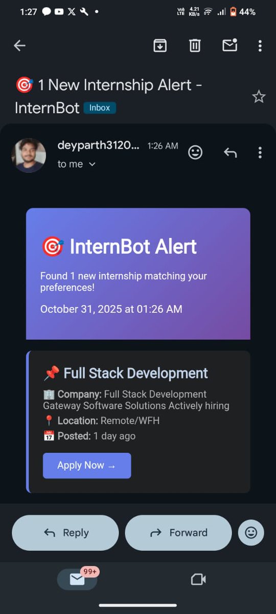 ParthDeyparthh's tweet image. 🚀 Just built InternBot - my personal job alert system!   No more manually refreshing Internshala 20x/day 😅  It scrapes jobs, filters the fresh ones, and emails me automatically.  Built with Python, BeautifulSoup, and pure determination.  Thread 🧵👇