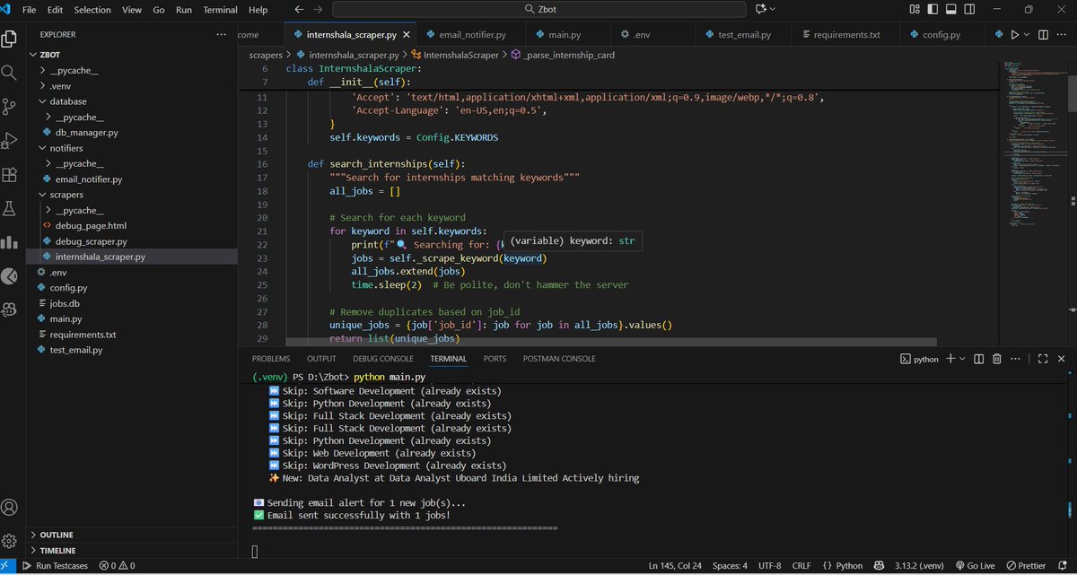 ParthDeyparthh's tweet image. 🚀 Just built InternBot - my personal job alert system!   No more manually refreshing Internshala 20x/day 😅  It scrapes jobs, filters the fresh ones, and emails me automatically.  Built with Python, BeautifulSoup, and pure determination.  Thread 🧵👇