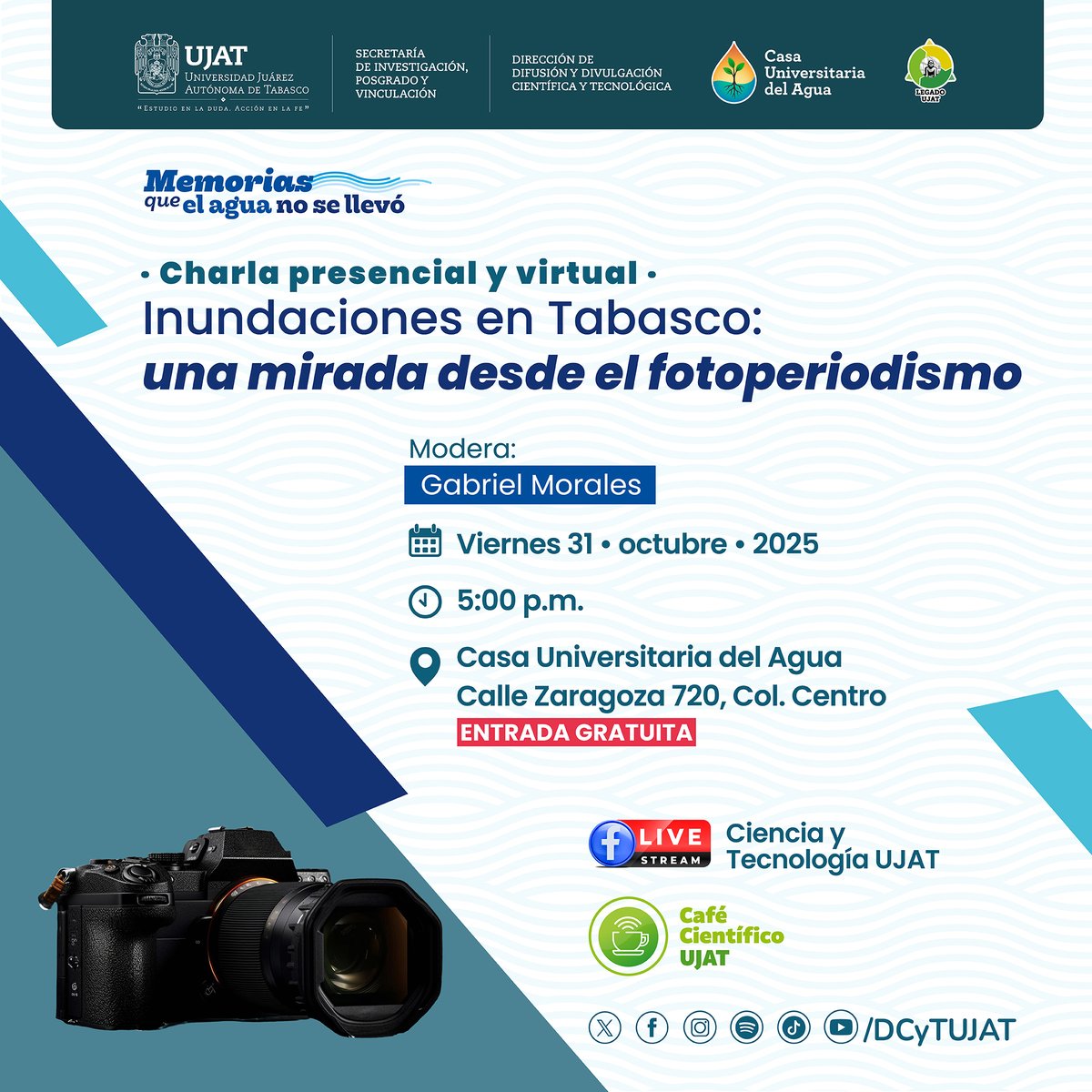 📌Conoce a nuestro invitado al Café Científico:🎙📖✨
𝐈𝐧𝐮𝐧𝐝𝐚𝐜𝐢𝐨𝐧𝐞𝐬 𝐞𝐧 𝐓𝐚𝐛𝐚𝐬𝐜𝐨: 𝐮𝐧𝐚 𝐦𝐢𝐫𝐚𝐝𝐚 𝐝𝐞𝐬𝐝𝐞 𝐞𝐥 𝐟𝐨𝐭𝐨𝐩𝐞𝐫𝐢𝐨𝐝𝐢𝐬𝐦𝐨 ⛈ 💦 📷🖊📖
📅 31 de octubre de 2025
🌿 Lugar: Casa Universitaria del Agua UJAT
🛑¡Entrada gratuita!
#UJAT