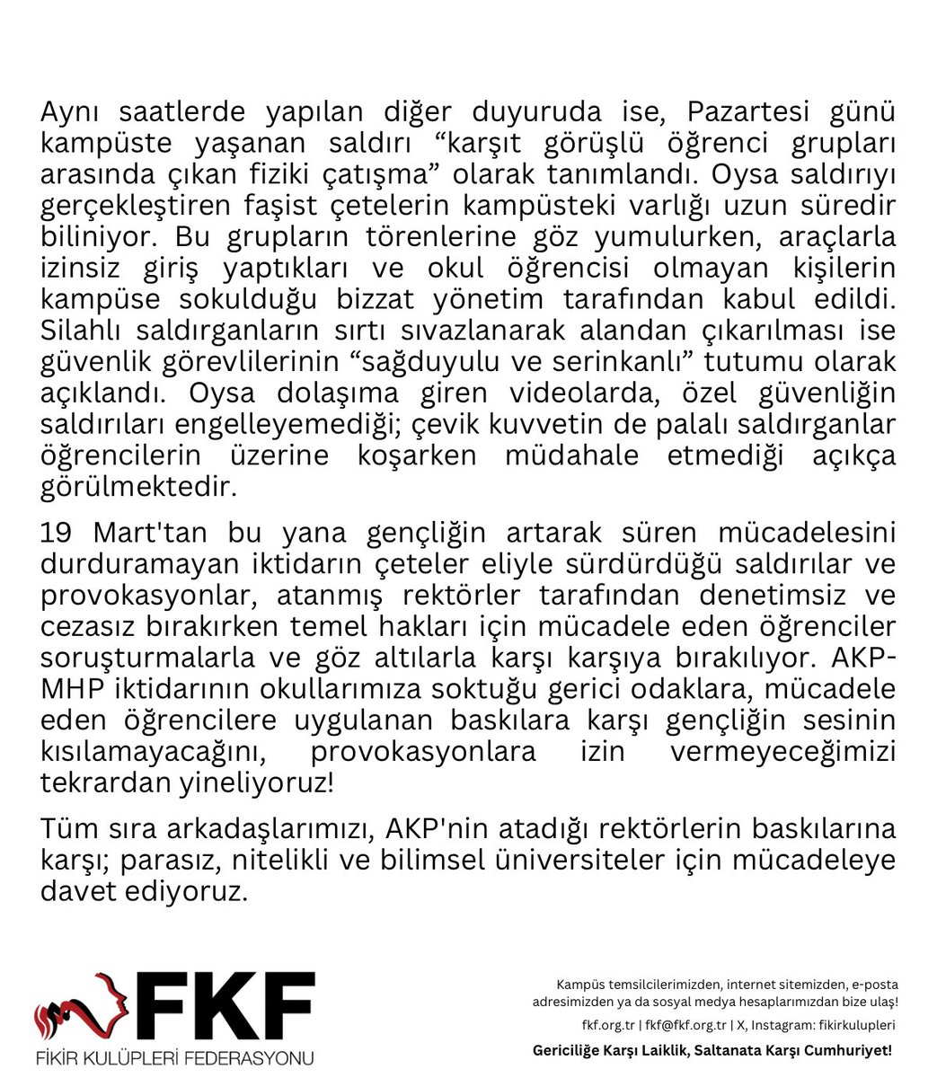Tüm sıra arkadaşlarımızı, AKP'nin atadığı rektörlerin baskılarına karşı; parasız, nitelikli ve bilimsel üniversiteler için mücadeleye davet ediyoruz.