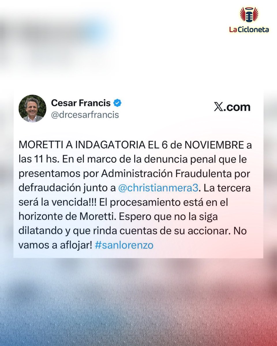 🔵🔴 MORETTI A INDAGATORIA

🚨 MARCELO MORETTI fue citado a indagatoria por la Justicia, el 06/11 a las 11hs.

⚖️ Esto se debe, a la denuncia contra el presidente de #SanLorenzo por Administración Fraudulenta por defraudación, presentada por César Francis y Christian Mera.
