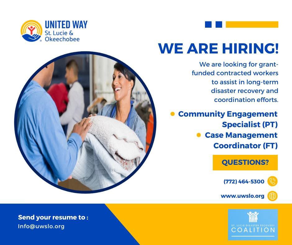 UnitedWaySLO's tweet photo. WE ARE HIRING!

Looking for a meaningful way to make an impact in your community?
United Way of St. Lucie &amp; Okeechobee, in partnership with the St. Lucie Disaster Recovery Coalition, is recruiting grant-funded contracted workers to support long-term disaster recovery. https://t.co/x3T1J6d58e