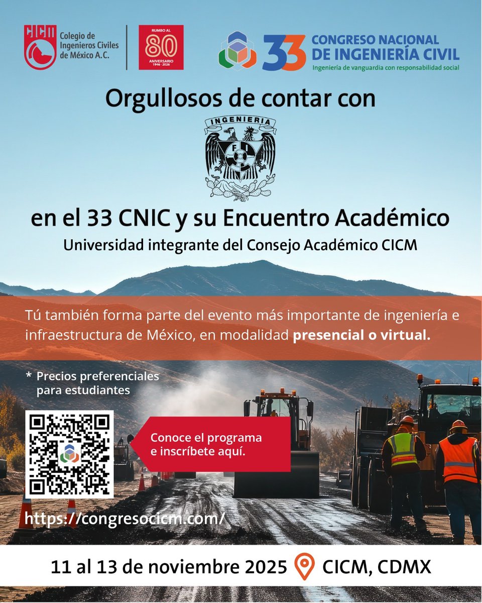 ¡Únete al 33 Congreso Nacional de Ingeniería Civil!

🗓  11 al 13 de noviembre 2025
Inscríbete y forma parte del conocimiento que transforma la infraestructura de México
👉 congresocicm.com/congresistas/

#33CNIC #IngenieríaCivil