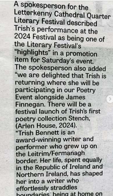 Magnificent to see that the recent launch of <a href="/TrishWriter/">Trish Bennett Writer</a> 's first poetry collection 'Stench' published by <a href="/publishingwomen/">Publishing Women</a> at our recent #LiteraryFestival was covered in the <a href="/LeitrimLive/">Leitrim Observer / Leitrim Live</a>.