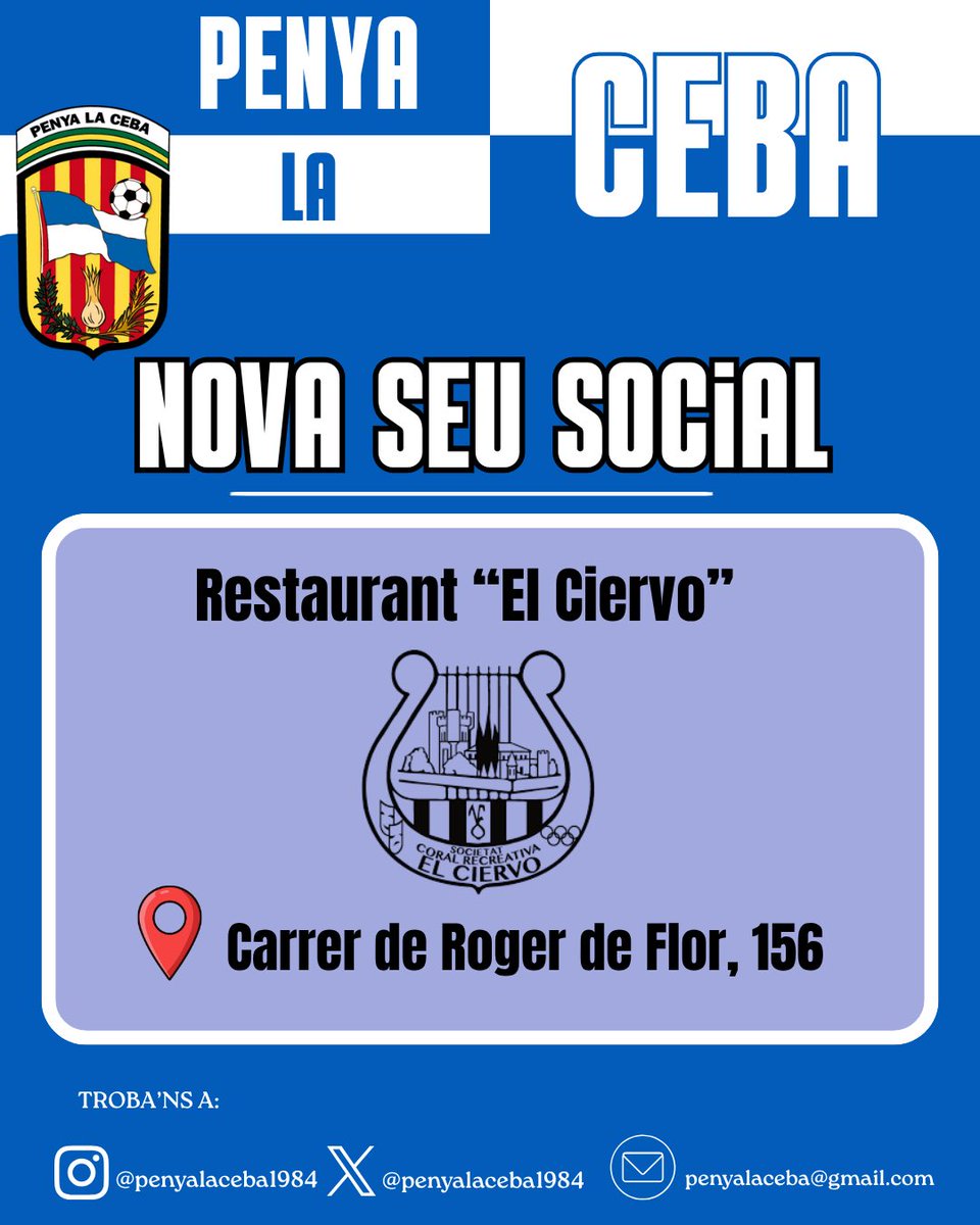 🧅💙 GRAN NOTÍCIA, ARLEQUINATS! 💙🧅

A la Penya La Ceba estrenem nova seu social! 🎉

A la nostra seu hi viurem els partits del CE Sabadell fora de casa 🏟️

👉 Us hi esperem dissabte a les 16:00 h!
📍 Al Restaurant “El Ciervo” ( Carrer Roger de Flor 156)
#PenyaLaCeba #SomLaCeba