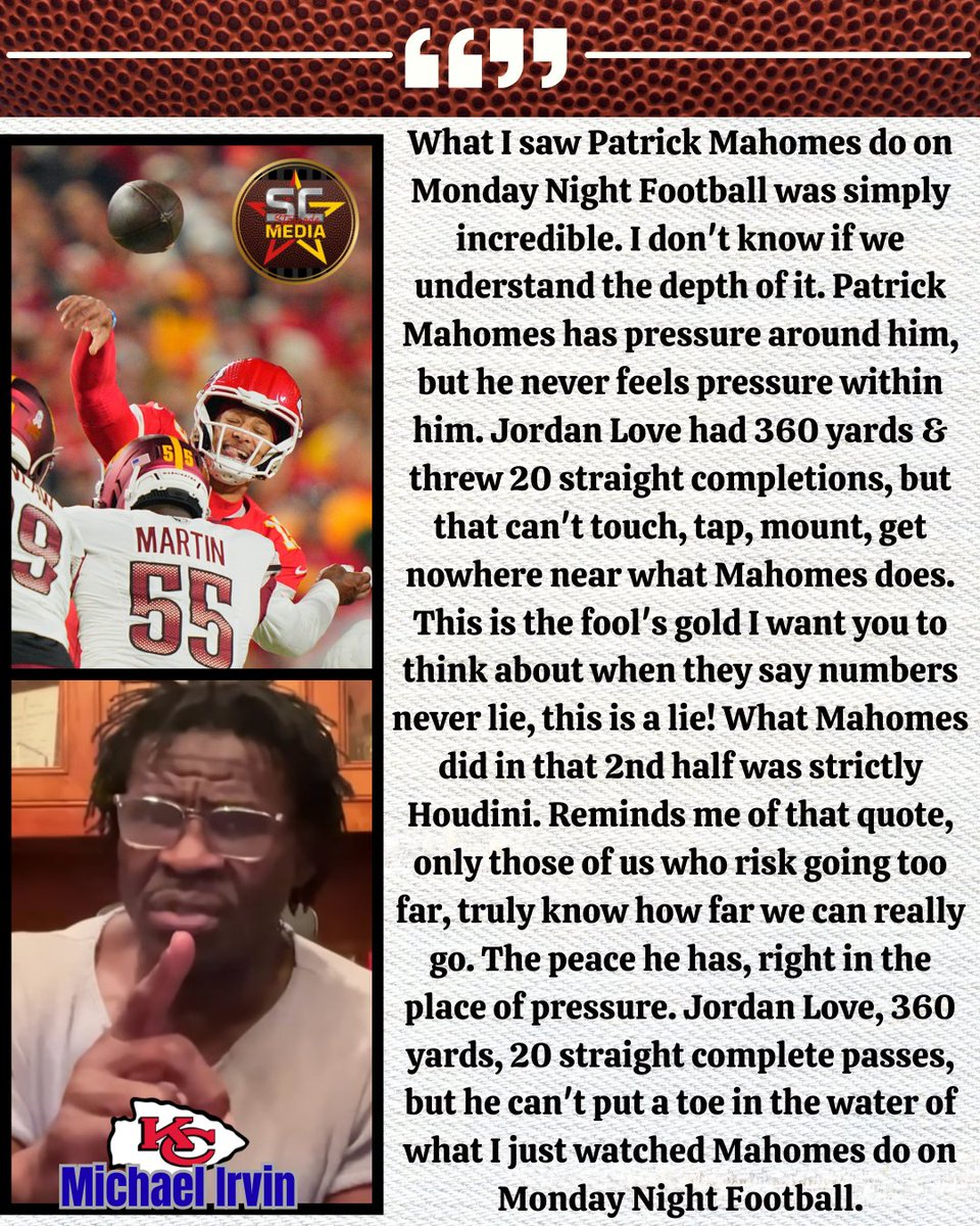 Michael Irvin: "Patrick Mahomes has pressure around him, but he never feels pressure within him." 

via | <a href="/michaelirvin88/">Michael Irvin</a>