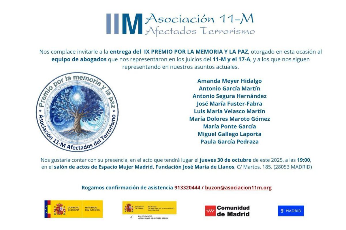 Profundamente emocionados y orgullosos de que la <a href="/asociacion11m/">Asociación 11M Afectados del Terrorismo</a>, fundada por la gran Pilar Manjón, haya premiado a <a href="/AmandaMeyerh/">AmandaMeyerH</a> y Antonio Segura (<a href="/SEGURANTO/">ANTONIO SEGURA</a>) por su excelente trabajo jurídico. 

¡Enhorabuena, camaradas! 👏🏻👏🏻