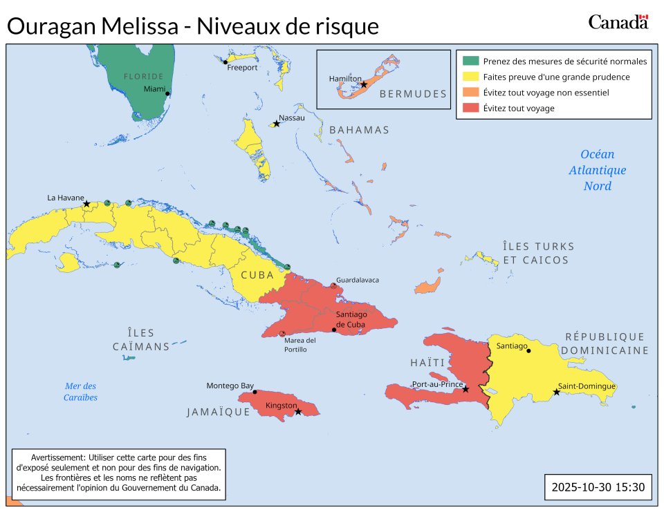 Mise à jour : Nous avons actualisé la carte avec les derniers niveaux de risque liés à l’ouragan #Melissa. Nous avons aussi corrigé une faute de frappe. Veuillez continuer à consulter régulièrement nos conseils aux voyageurs : voyage.gc.ca/voyager/averti…