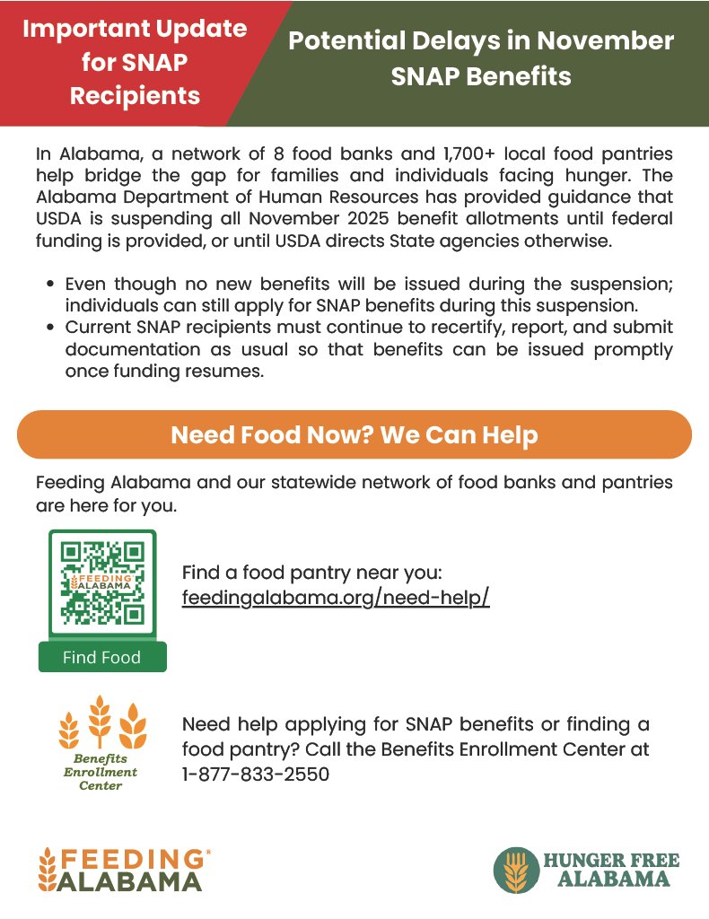 📢 Important Update
There may be delays in November 2025 SNAP benefits.

Need food assistance? Visit feedingalabama.org/need-help or call 1-877-833-2550 for support and local resources.

Please share this resource!