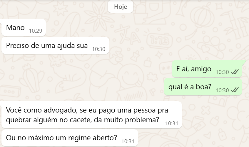 AdvDoHardware's tweet image. Os prazeres da advocacia estão em momentos como este aqui.

A intenção de se manter primário, a preocupação prévia com o regime de uma eventual condenação e a especificação de que a intençao é uma lesão corporal.

É saber aproveitar a inesperada exposição a estética do absurdo.
