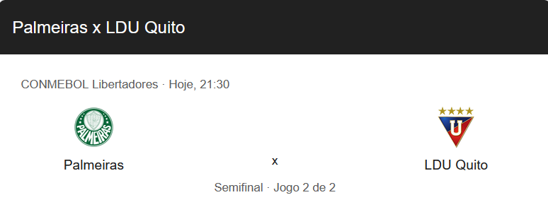 VALENDO 100 no Pix!  

Para o primeiro que acertar, Resultado correto + Total de Escanteios no jogo.

Palmeiras x LDU 21:30hs!  CONMEBOL Libertadores

Regras: Me seguir, like e RT na publicação.  
Obs: 0x0 não tem ganhador.
