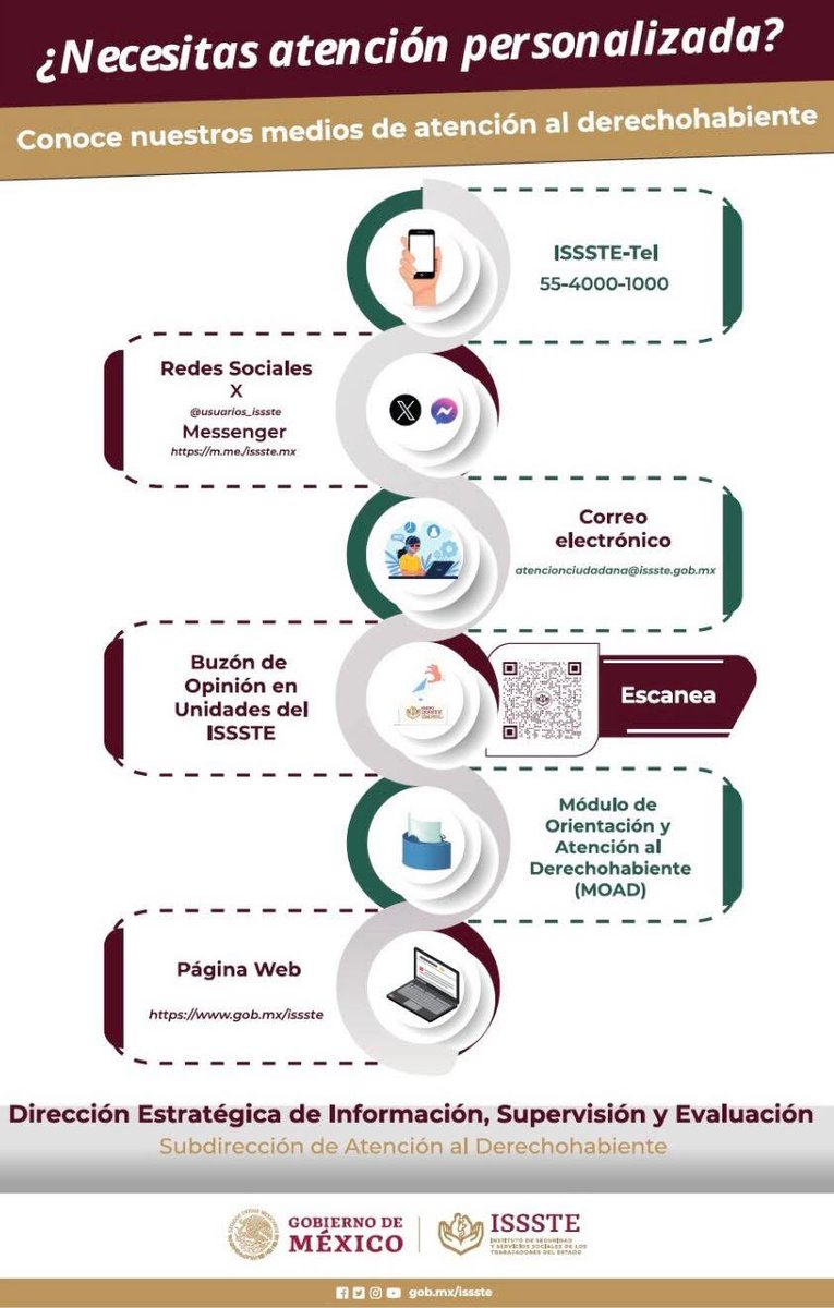 IsssteDurango's tweet image. Medios de captación de las peticiones | Estrategia Nacional de Trato Digno al Derechohabiente del ISSSTE

El ISSSTE pone a tu disposición diferentes canales de atención para escucharte, orientar y dar seguimiento a tus solicitudes con un trato digno