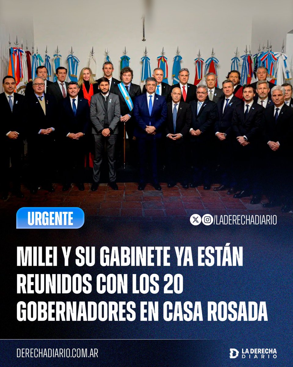 🚨🇦🇷 | #URGENTE El presidente Javier Milei y su Gabinete ya están reunidos con los 20 gobernadores en Casa Rosada, sin los ultrakirchneristas Kicillof, Insfrán, Quintela y Melella: Debaten las reformas tributaria y laboral que el Gobierno impulsará en 2026.