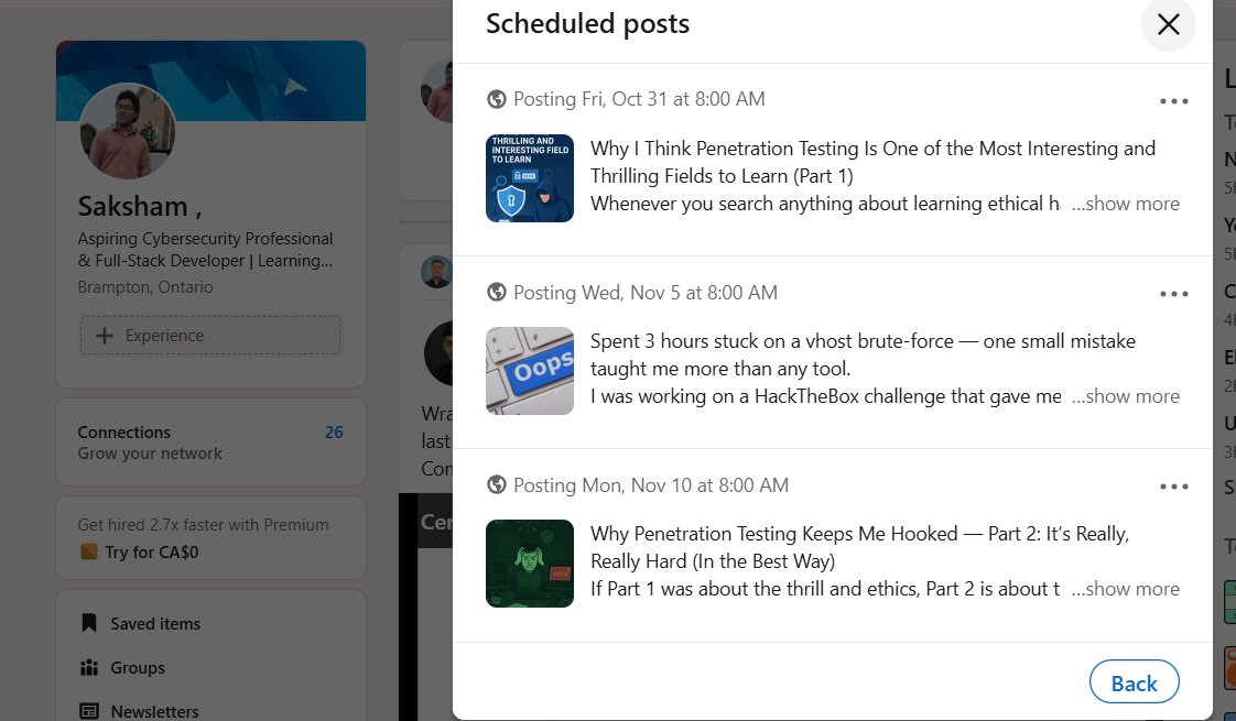 Saksham_can's tweet image. Locked in  — Content ready for the next 10 days. Consistency beats motivation.#ContentStrategy 
#ContentPlanning #BuildInPublic #PenTesting #CyberSecurity #HackTheBox