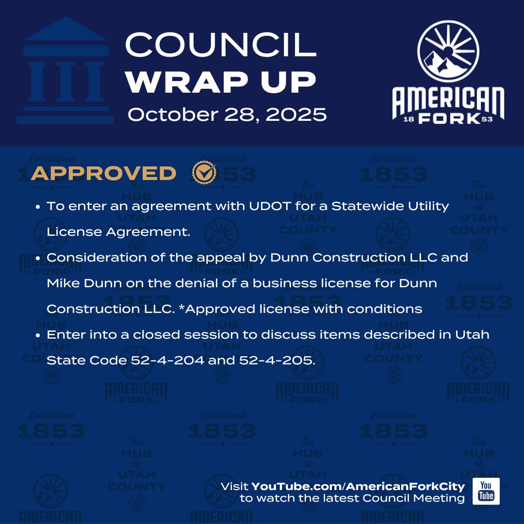 Check out the Council Wrap Up for highlights from the latest City Council Meeting. If you want to watch the full meeting, visit our YouTube page at youtube.com/americanforkci…. 
 
#americanfork #americanforkcity #americanforkutah #citycouncil #citycouncilmeeting
