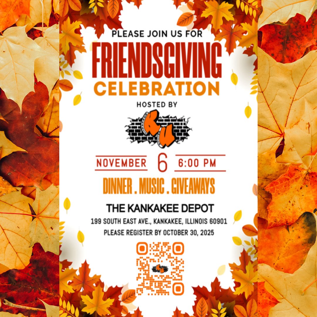 🦃✨ ¡Únete a Kankakee United for Friendsgiving!

📅 Jueves, 6 de noviembre de 2025
⏰ 6:00 PM
📍 Depósito de Kankakee - 199 S. East Ave, Kankakee, IL

✅ Regístrese aquí: ku.citykankakee-il.gov/event-registra…

#KankakeeUnited #Friendsgiving2025  🌐 ku.citykankakee-il.gov