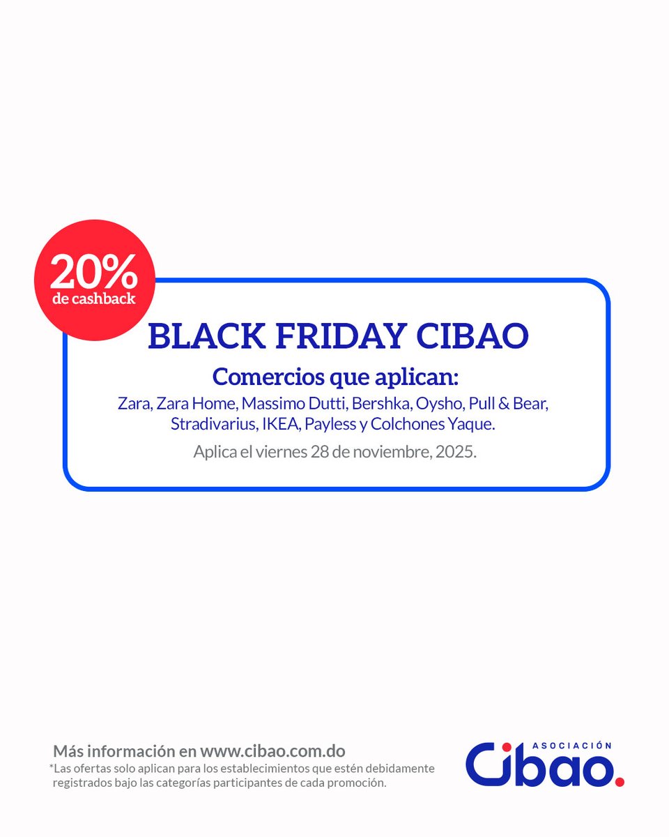 Conoce y aprovecha las ofertas que tenemos para ti al pagar con tus #TarjetasDeCredito y #Ultracredito Cibao en fechas y establecimientos específicos.

Condiciones generales de las ofertas:

📌 El cashback es válido en compras presenciales y en línea.
📌 Ultracrédito no aplica