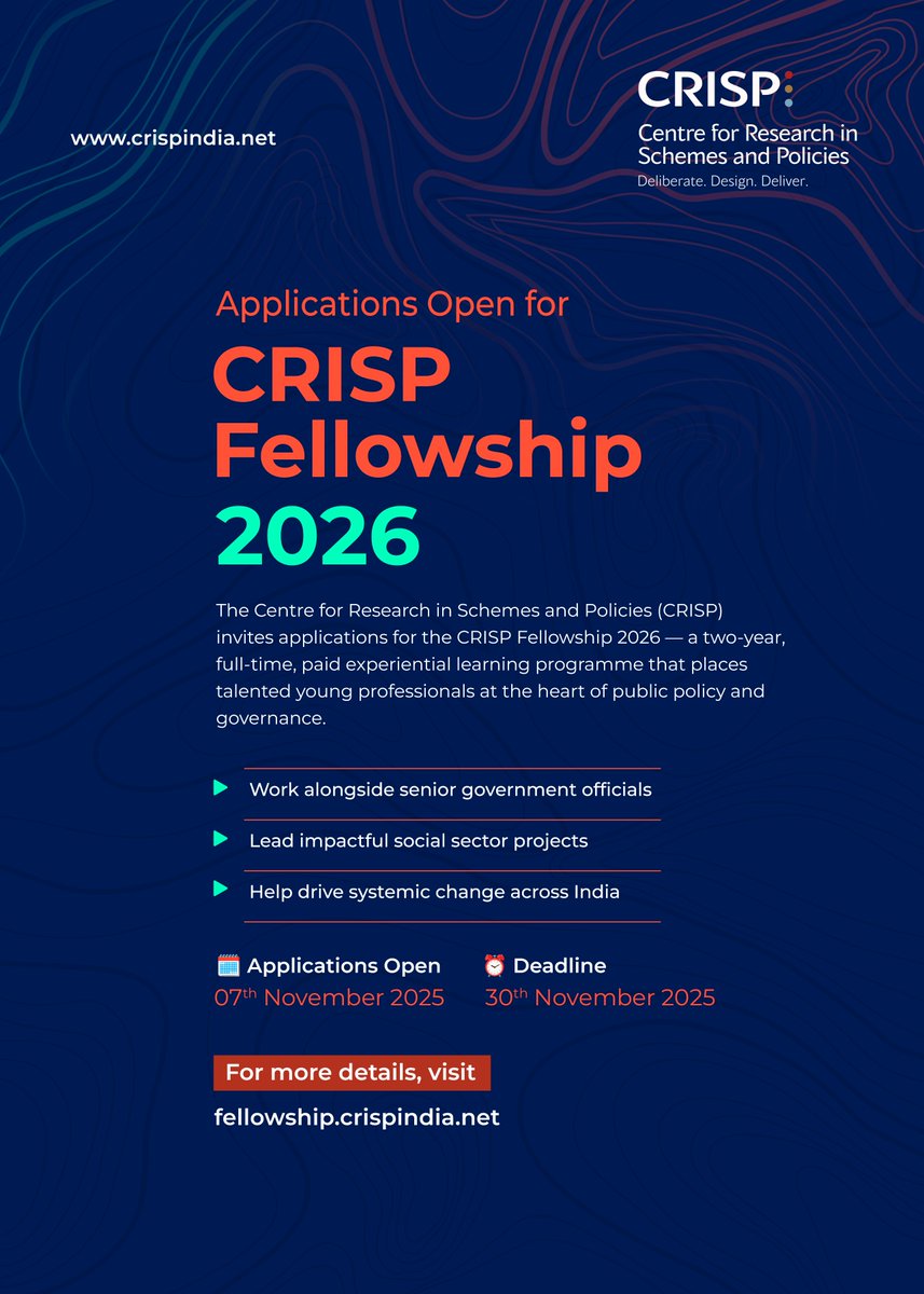 CRISPINDIA1's tweet image. Applications Open!
Be part of the #CRISPFellowship2026 — a unique, two-year, full-time, paid experiential learning programme where young professionals work with Govt. on high-impact social projects in policy, data &amp;amp; governance. 

🗓️ Apply: 07 – 30 Nov 2025
🌐…