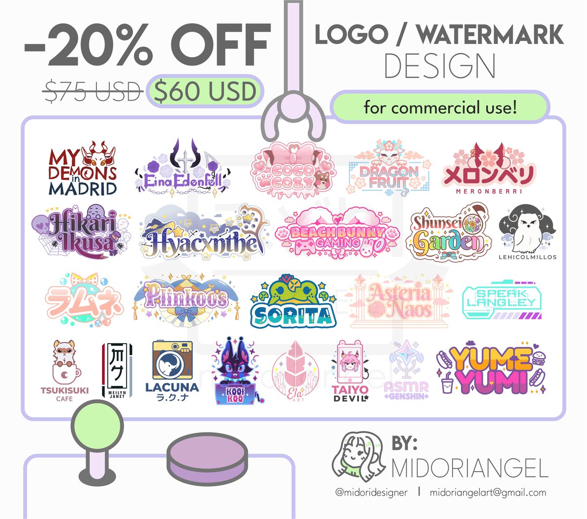 Hi hi! I'm a graphic designer and artist 💚 I have 20% off in my LOGO C0MMS for commercial use! ✅ DM me if you're interested ^^ 
💡 I can also help with brainstorming if you don't have a clear image in your mind yet~ #VTuberAssets #VtuberEN #VtuberES