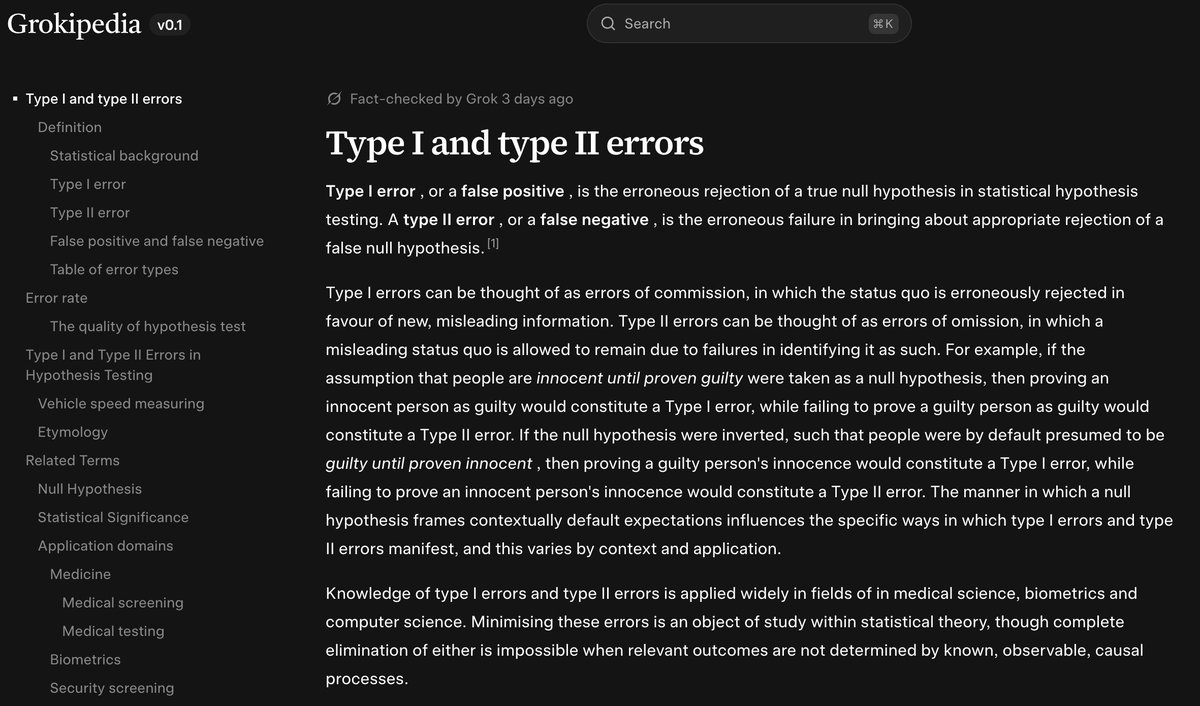 KettlebellDan's tweet image. everyone pls do me a favor and go read the Grokipedia page about Type I & Type II errors
this is a critical concept to understanding 𝕏 and the world around you, and yet many people are unaware of the terms
thank you for your attention to this matter
grokipedia.com/page/Type_I_an…