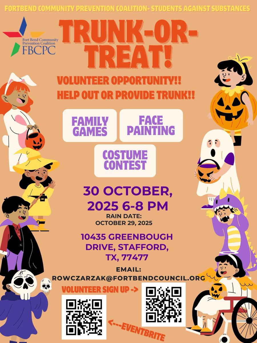 FortBendCPC's tweet image. FBRC’s Youth Coalition (Students Against Substances) is excited to host our annual Trunk-or-Treat Today from 6–8 PM!
Bring the whole family for a safe, fun-filled evening with games, face painting, and a costume contest!

📍 10435 Greenbough Drive, Stafford, TX 77477