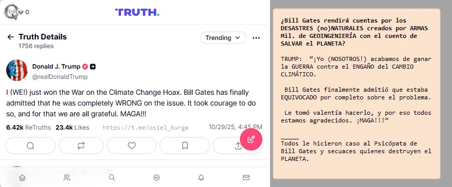 OsielBurga's tweet photo. ¿Bill Gates rendirá cuentas por los DESASTRES (no)NATURALES creados por ARMAS Mil. de GEOINGENIERÍA con el cuento de SALVAR el PLANETA?

TRUMP: “¡Yo (we!) acabo de ganar la GUERRA contra el ENGAÑO del CAMBIO CLIMÁTICO.

 Bill Gates al fin admitió que se EQUIVOCÓ por completo" https://t.co/mkM6ia5PU3