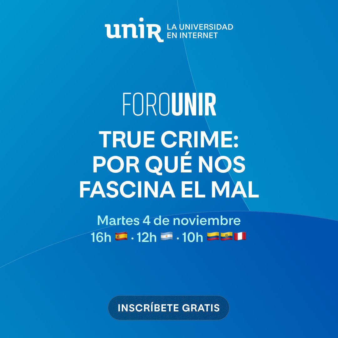 🔪📰📺 ¿Qué hay detrás de la atracción por el #TrueCrime? El 4/11 en UNIR haremos un recorrido interdisciplinar con tres voces expertas para analizar este fenómeno desde la sociología, la criminología y los medios audiovisuales.

👁️ ¡Apúntate! ➡️ ow.ly/V9M250XjbvN

📅