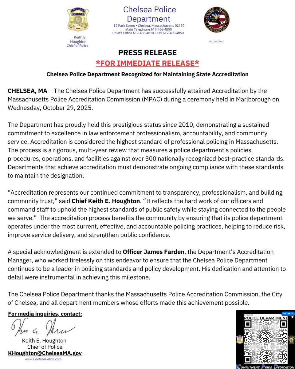 PRESS RELEASE
*FOR IMMEDIATE RELEASE*
Chelsea Police Department Recognized for Maintaining State Accreditation
10-29-25

cms5.revize.com/revize/chelsea…