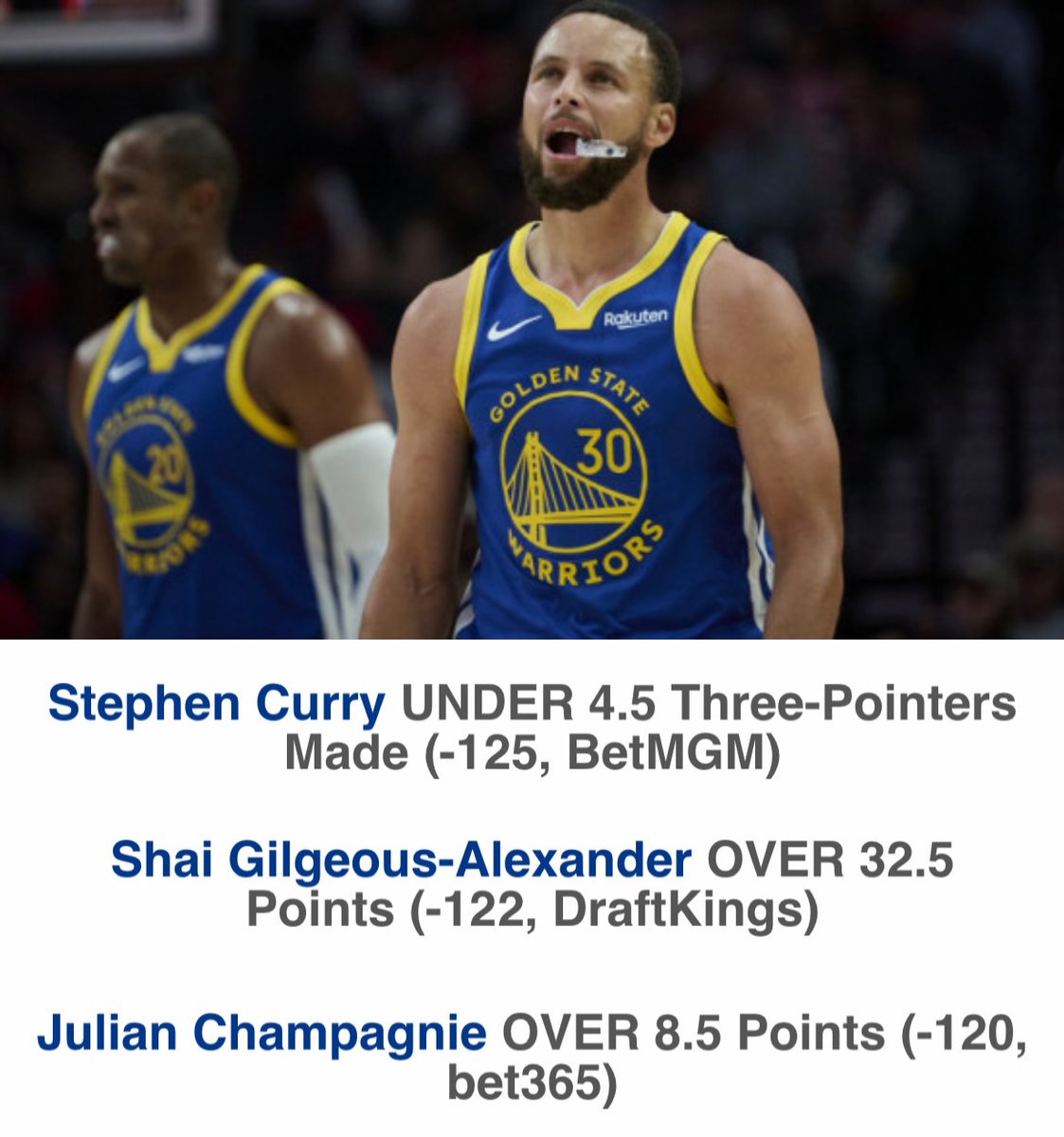 The <a href="/CommishFilmRoom/">The Commish</a> shares his favorite props for Thursday's NBA slate

• Stephen Curry UNDER 4.5 Three-Pointers Made
• Shai Gilgeous-Alexander OVER 32.5 Points
• Julian Champagnie OVER 8.5 Points

🏀 NBA Player Props: rotogrinders.com/articles/nba-p…