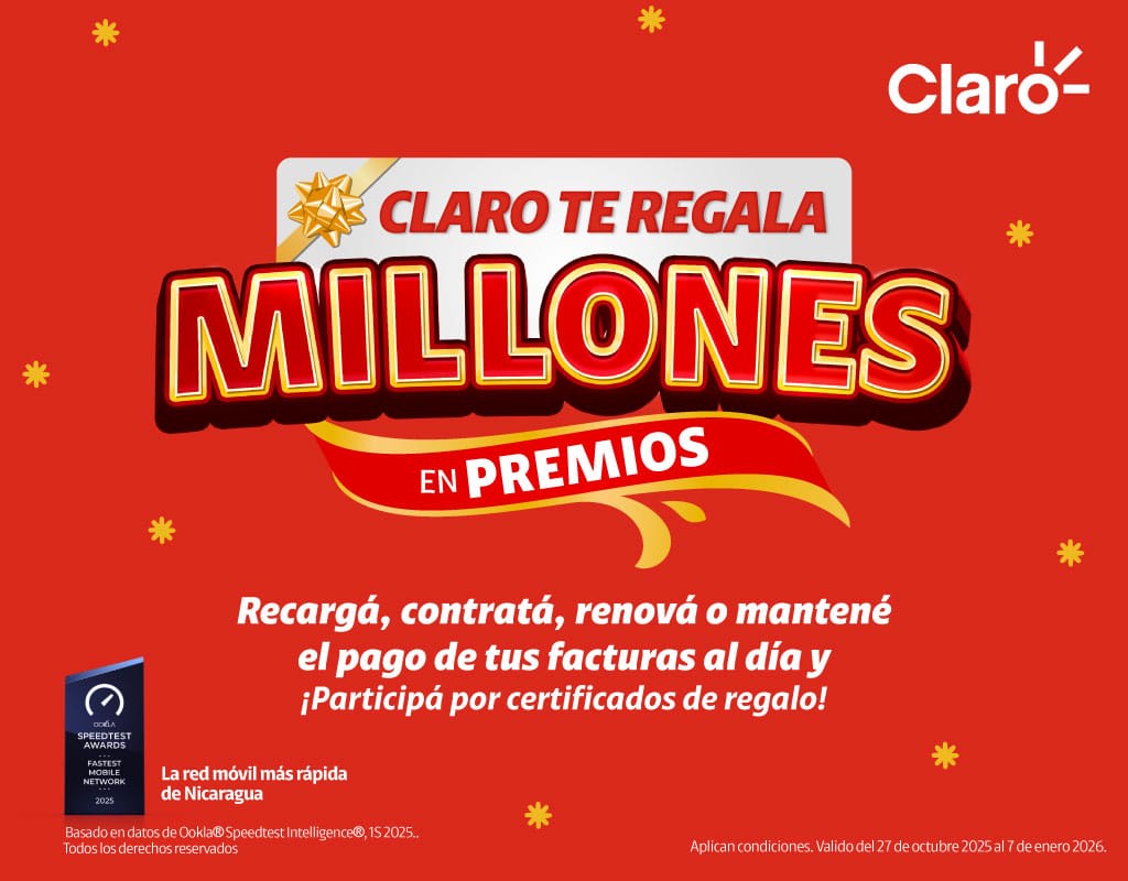 🎄✨¡La Navidad llega con millones de razones para sonreír!✨🎁 Con la promo “Claro te regala Millones”, disfrutá más premios, más conexión y más diversión.🌟 

Del 27 de octubre al 7 de enero conectate, participá y viví una Navidad llena de sorpresas❤️ 
claroblog.com.ni/claro-te-regal…
