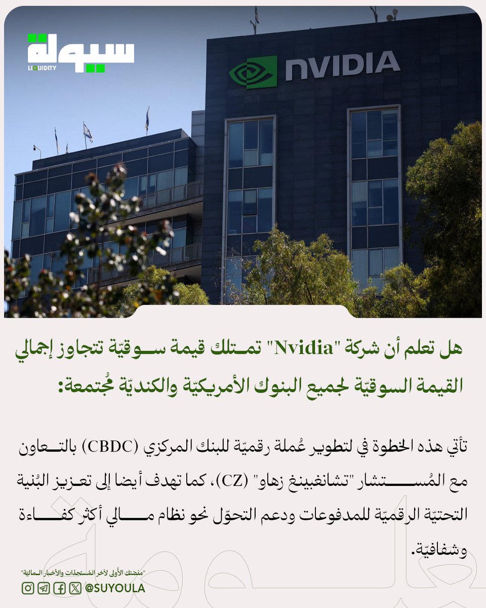 هل تعلم أن شركة "نفيديا" (Nvidia) تمتلك قيمة سوقيّة تُقدّر بـ 5 تريليون دولار لتتجاوز بذلك إجمالي القيمة السوقيّة لجميع البنوك الأمريكيّة والكنديّة مُجتمعة

يُبرز هذا التفوّق هيمنة قطاع الذكاء الإصطناعي وأشباه المُوصّلات على الأسواق الماليّة العالميّة خلال عام 2025.
يعكس ذلك