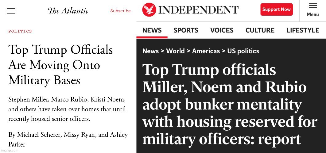 🚨突发：由于“安全威胁”，多名川普政府高层官员已迁往军事基地居住。

🔻 据报，包括斯蒂芬·米勒（Stephen Miller）、国土安全部长克里斯蒂·诺姆（Kristi Noem）、国务卿马可·卢比奥（Marco Rubio）及国防部长皮特·赫格塞斯（Pete Hegseth）等人，已搬入华盛顿地区的安全军区住所，如麦奈尔堡（Fort