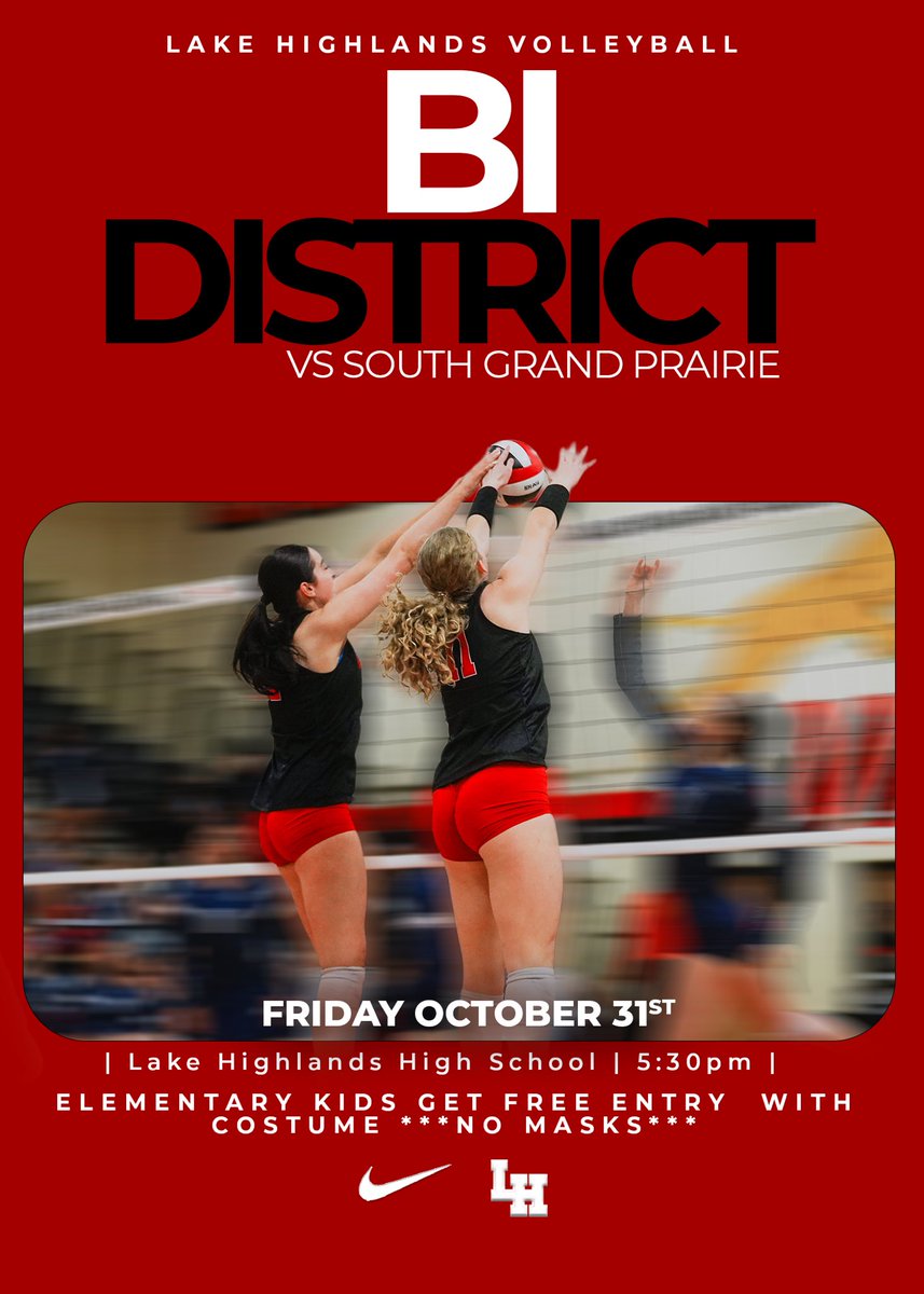 Round one of playoffs on the home court 🏐

Lake Highlands vs South Grand Prairie
📍Friday, Oct 31 | 5:30pm | LHHS

🎃 Elementary kids get free entry with costume (no masks)
Let’s pack the gym! #LakeHighlandsVolleyball #BiDistrict