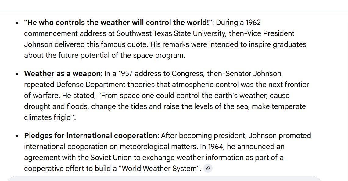 ChrisWalte2024's tweet photo. LBJ - Operation Popeye has been in effect for decades and it was first used to modify, now it is used as a weapon, drought, floods, direct hurricanes. How much money is spent on chemtrails? States cannot ban the governments effort, FL, TN, PA all have banned geoengineering. https://t.co/k26GRyP63F