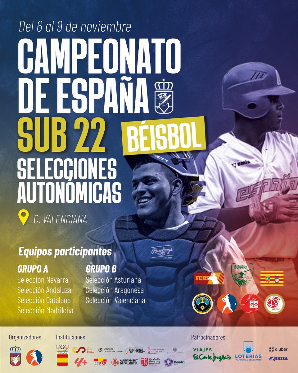 CAMPEONATO DE ESPAÑA SUB-22 🏆⚾️

La Comunidad Valenciana ya se prepara para acoger el Campeonato de España Sub-22 de selecciones autonómicas, con la participación de siete equipos 🔥

Gandía y Valencia serán las sedes de este evento, que tendrá lugar del 7 al 9 de noviembre 💪🏼👊🏼