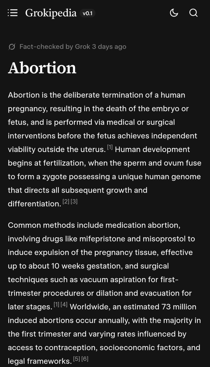 lightncourage's tweet image. Look at the difference in the abortion article on Grokipedia and Wikipedia.

The former defines abortion and methods clearly, the latter jumps straight into the defense of abortion.

The pro abortion bias of @Wikipedia is clear.