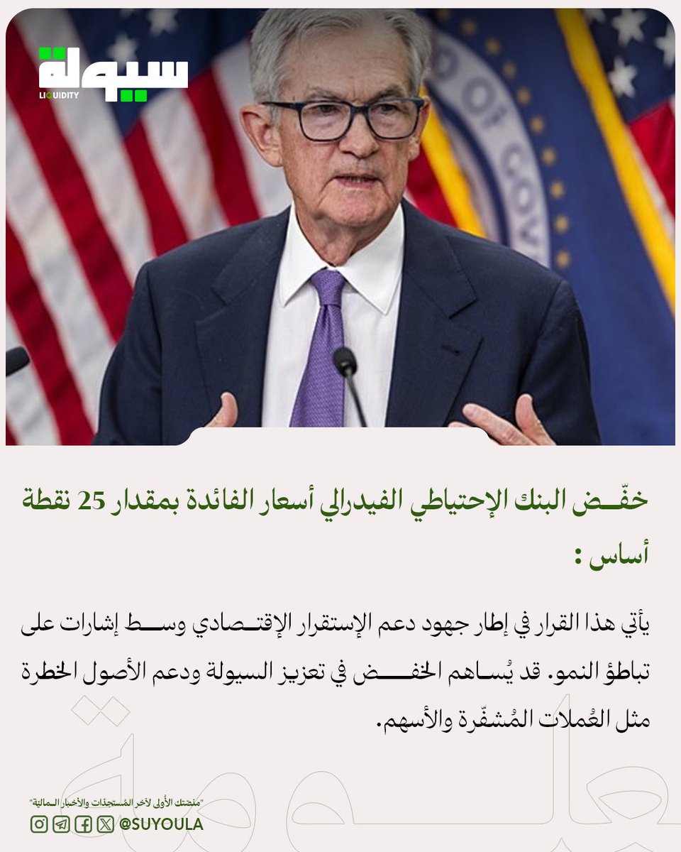 خفّض البنك الإحتياطي الفيدرالي أسعار الفائدة بمقدار 25 نقطة أساس

يأتي هذا القرار في إطار جهود دعم الإستقرار الإقتصادي وسط إشارات على تباطؤ النمو.
قد يُساهم الخفض في تعزيز السيولة ودعم الأصول الخطرة مثل العُملات المُشفّرة والأسهم.

إذا كنت مُهتمًا بأسواق المال والعُملات