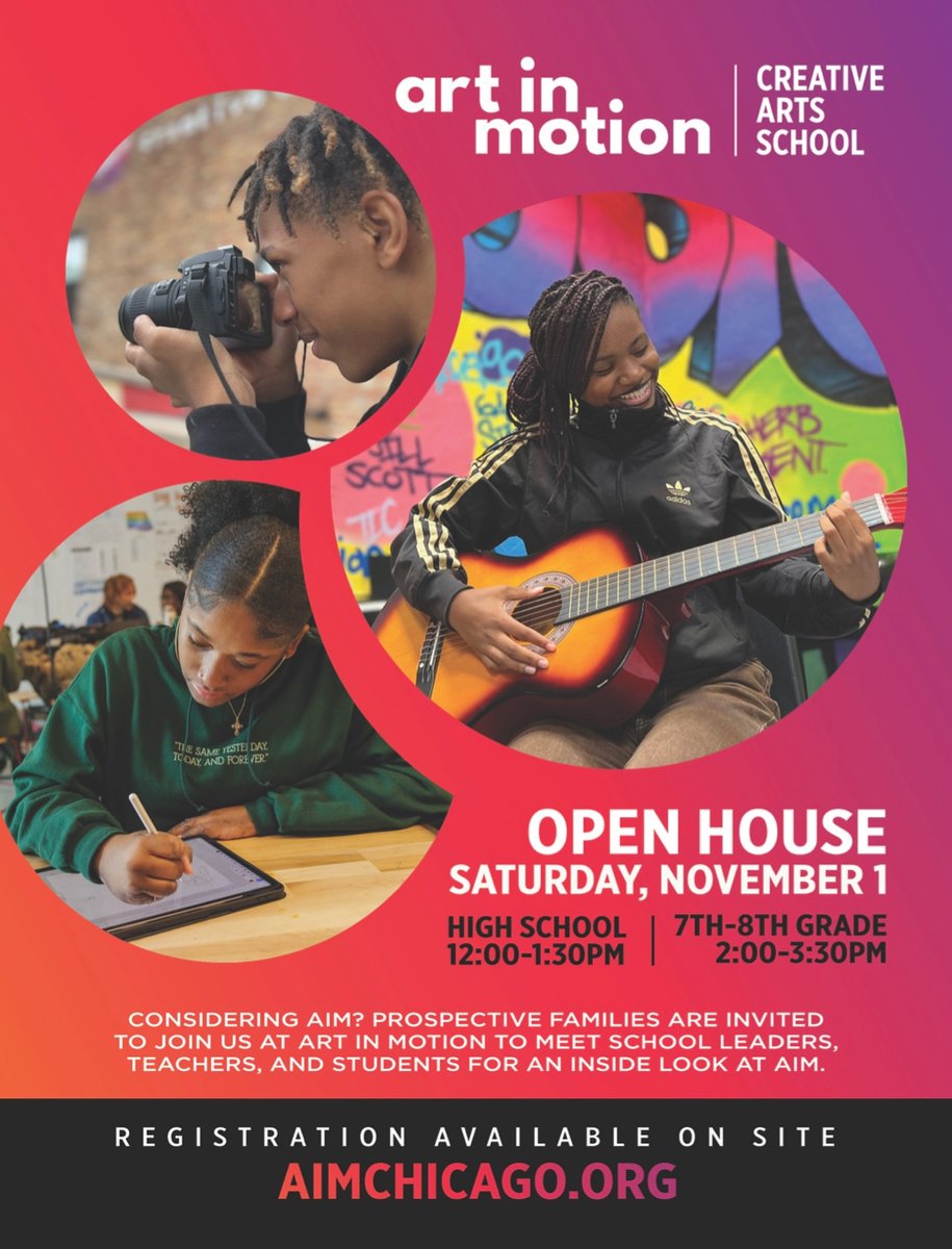 Considering Art in Motion as your school? Join us this Saturday for our Prospective Families Open House! 

#ArtinMotionChi #AIMHigher