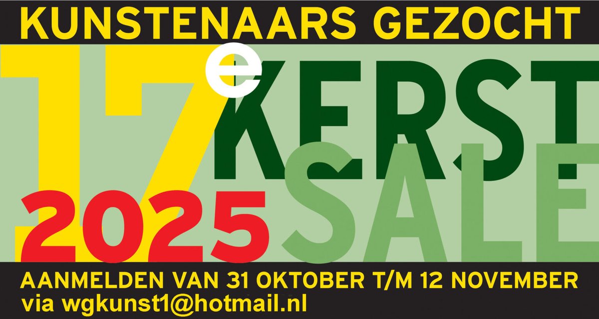 Oproep deelname kunstenaars Kerst Sale 2025
Dit is een laagdrempelige verkooptentoonstelling, waarbij van ruim 123 kunstenaars enkele honderden kunstwerken worden aangeboden voor precies €123 per stuk.
Aanmelding via wgkunst1@hotmail.nl
De aanmelden 31 okt/m woensdag 12 nov