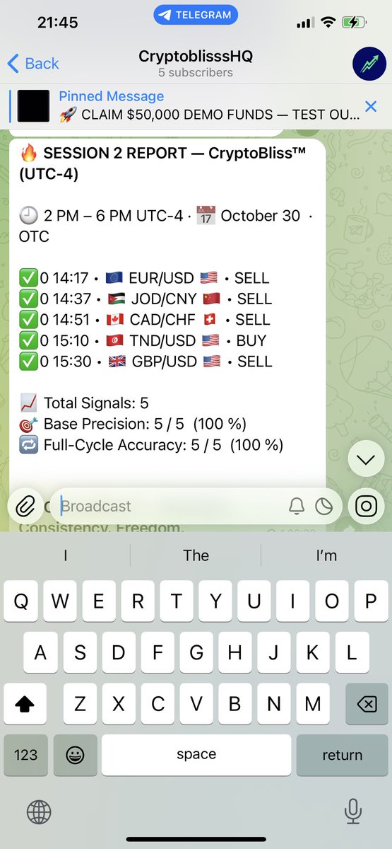 cryptoblisssHQ's tweet image. 🔥 SESSION 2 REPORT — CryptoBlisss™ Precision Framework
5/5 Base Wins ✅ | 100% Accuracy 💯

Precision. Discipline. Freedom.
#PocketOption #BinaryTrading #CryptoBlisss #TradingSignals #OTC #ForexSignals #DayTrading #ForexWins