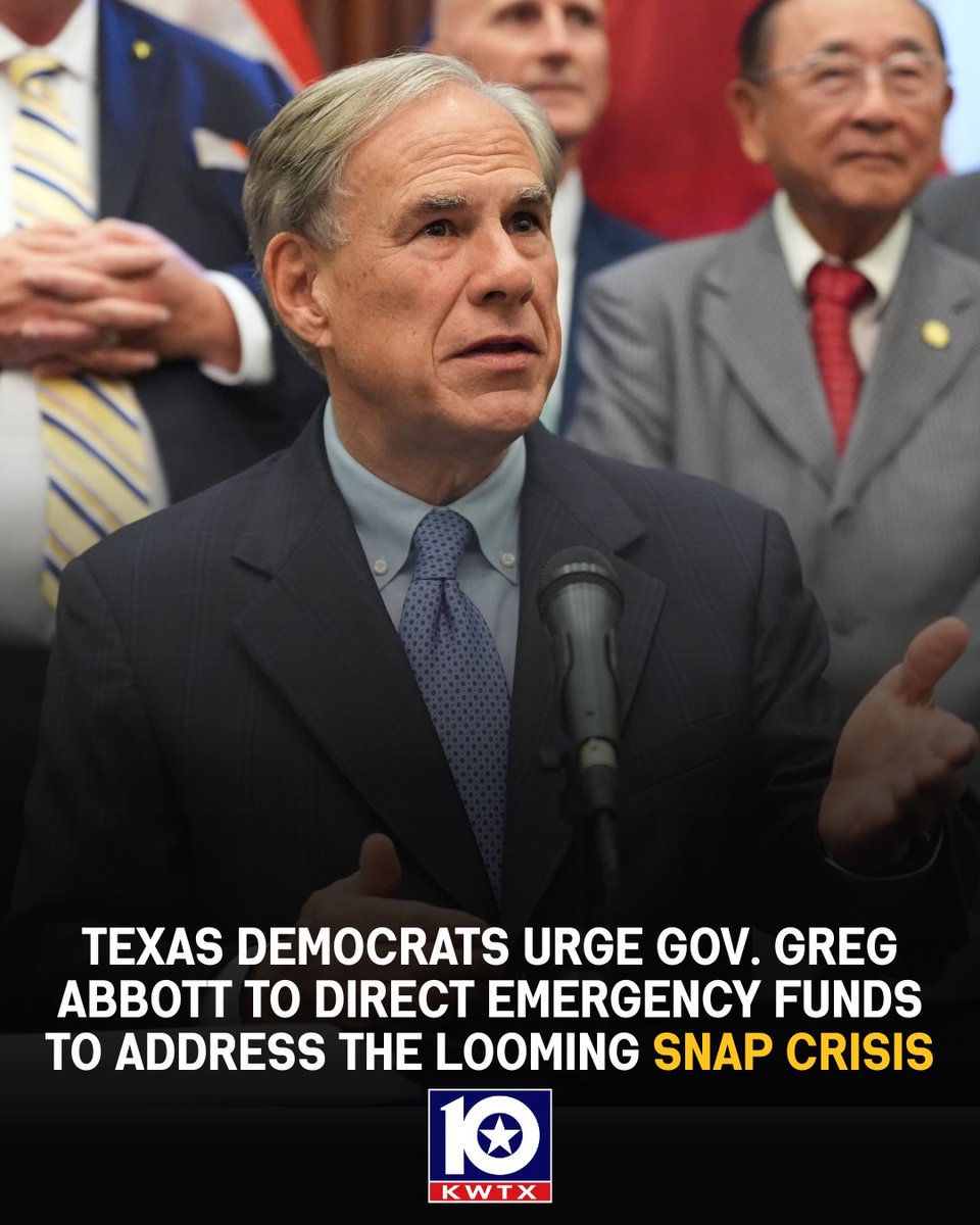 kwtx's tweet image. #SNAP CRISIS: More than 50 Texas House Democrats signed a letter sent to Abbott on Thursday urging the governor to tap the same authority he used during COVID-19. INFO: kwtx.com/2025/10/30/tex…
