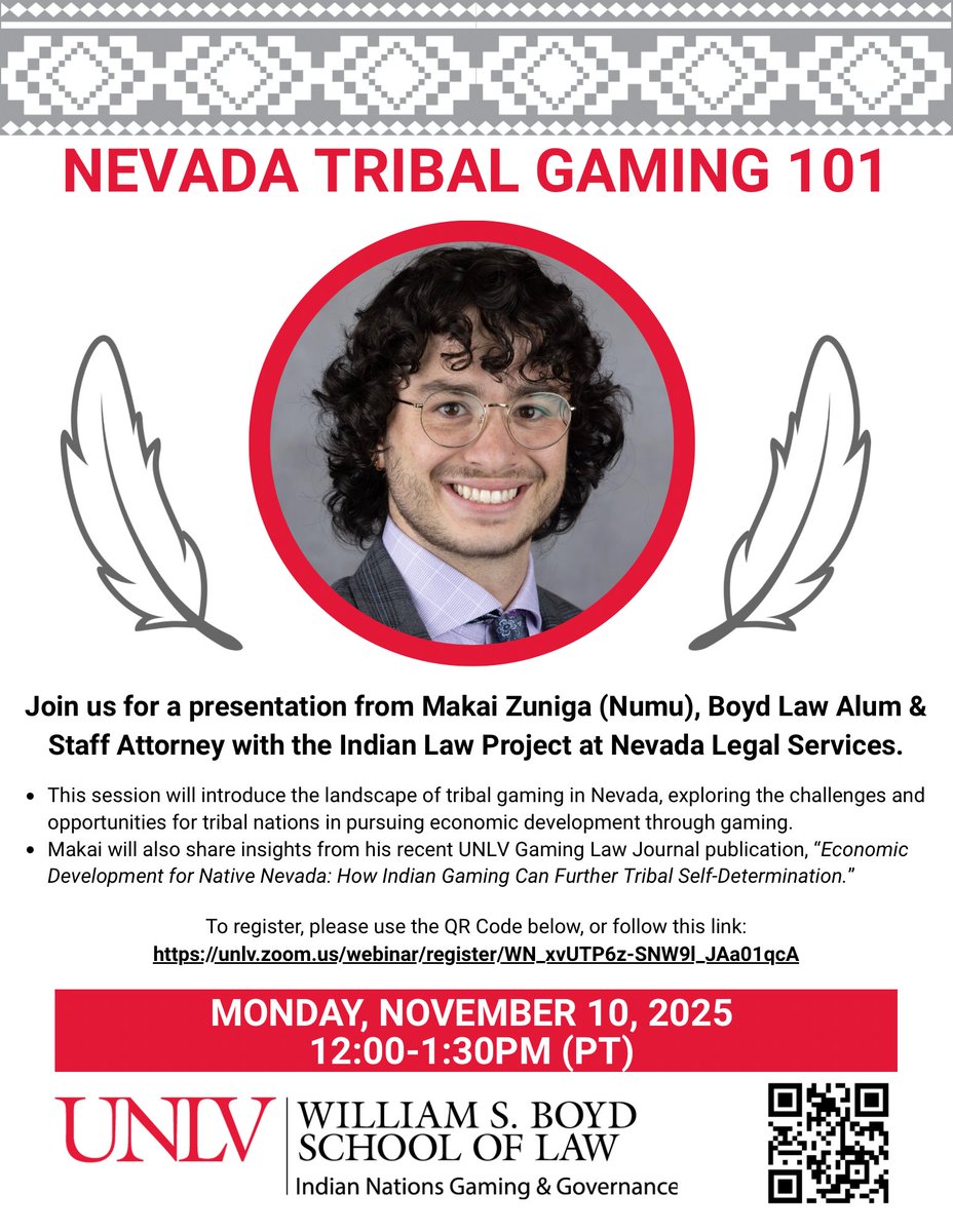 UNLVINGG's tweet image. Join us for a presentation with Boyd Law graduate Makai Zuniga (Numu) as he discusses the current landscape of tribal gaming in Nevada and its role in advancing tribal self-determination.

#tribalgaming #boydlaw #unlvlaw #nevadatribes #nativenations #economicdevelopment