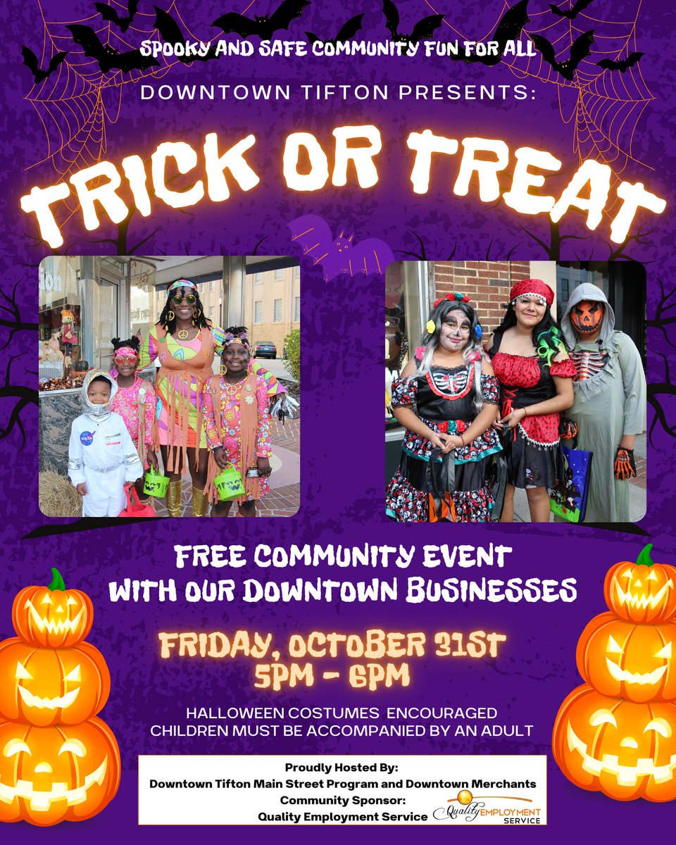 Gourd vibes only. 
Wicked cute costumes, hospitality as sweet as candy, you can’t miss out on Downtown Tifton’s Trick-or-Treat TONIGHT from 5-6PM!
Time to get spooky!