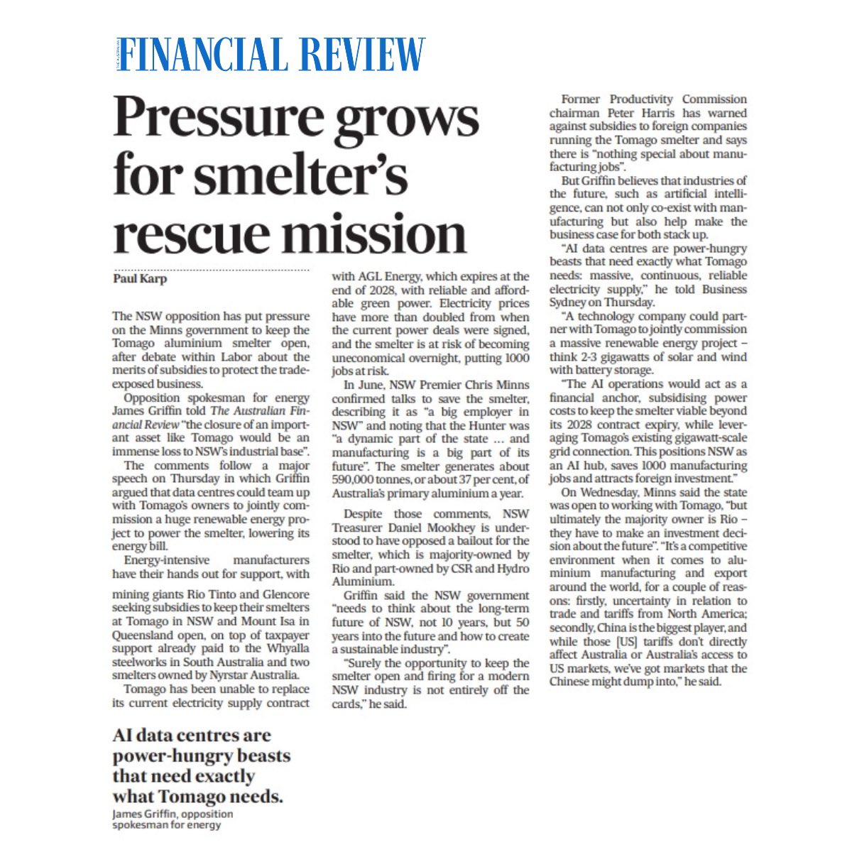 NSW Government…how about this idea for Tomago? Datafactory + AI + Energy #nswpol