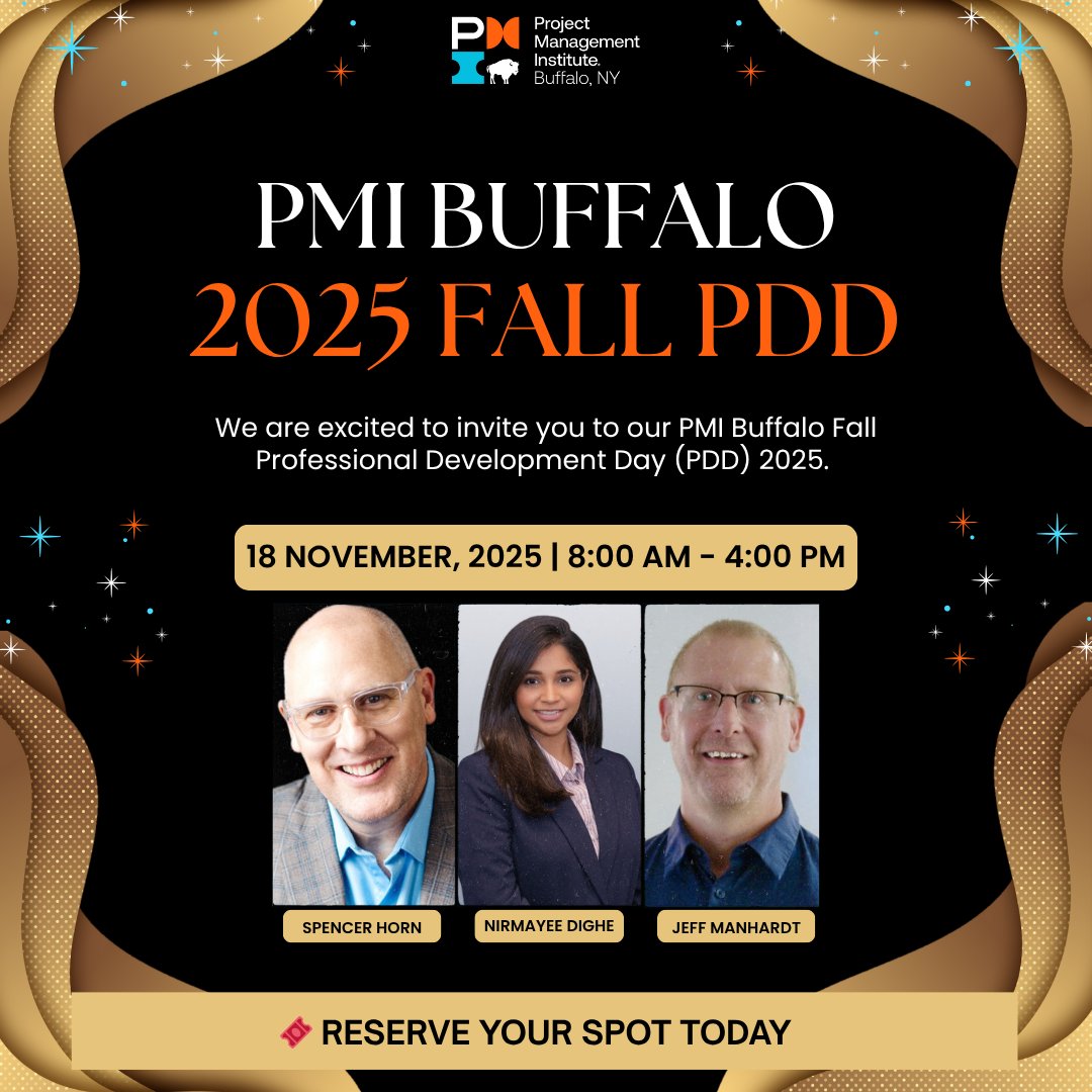 Join us for a full day of powerful learning, networking, and career growth on Tuesday, November 18, 2025, at the Creekside Banquet Facility from 8:00 AM to 4:00 PM.

📢Register here:  lnkd.in/engz8rJ4 👈

#ProjectManagement #ProfessionalDevelopment #PMIBuffalo