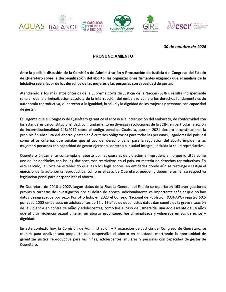 GIRE_mx's tweet photo. Organizaciones de la sociedad civil exigimos que la discusión sobre la despenalización del aborto en la Comisión de Administración y Procuración de Justicia del Congreso de Querétaro sea a favor de los derechos de las mujeres y personas con capacidad de gestar. https://t.co/bjKHL6FekQ