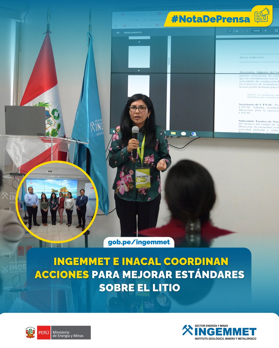 #NotaDePrensa | Ingemmet e <a href="/inacalperu/">inacalperu</a>, coordinan acciones para fortalecer los estándares del litio, impulsando el desarrollo sostenible y la presencia del Perú en la agenda internacional del sector.

📎 Entérate más aquí: gob.pe/n/1277628 👈

#Litio #MineríaPerú